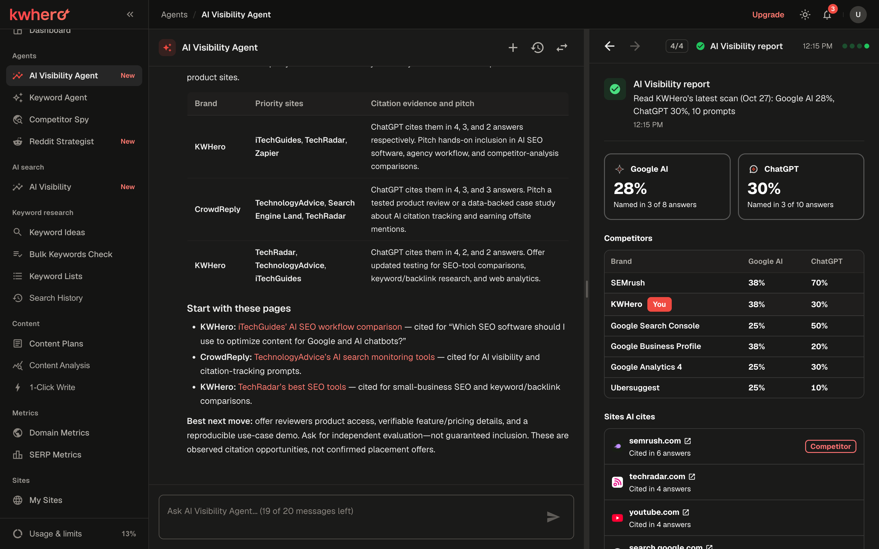A chat with the KWHero AI Visibility Agent answering questions about a brand's AI visibility scans