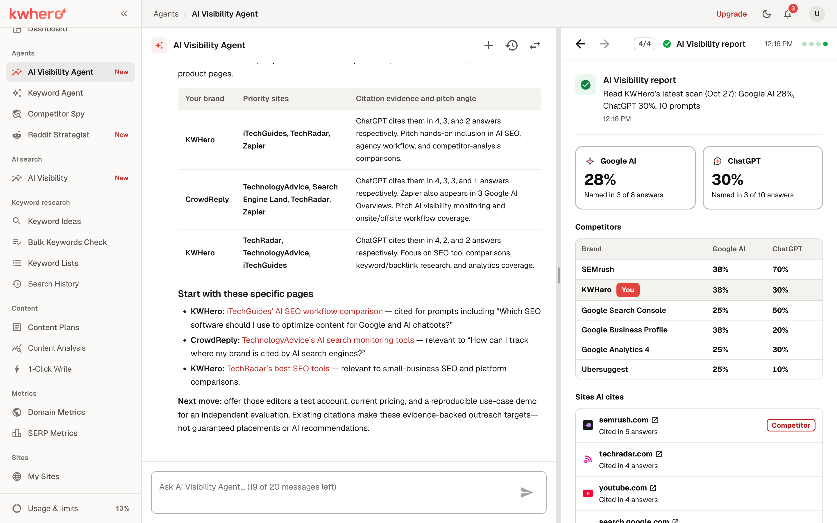 A chat with the KWHero AI Visibility Agent answering questions about a brand's AI visibility scans