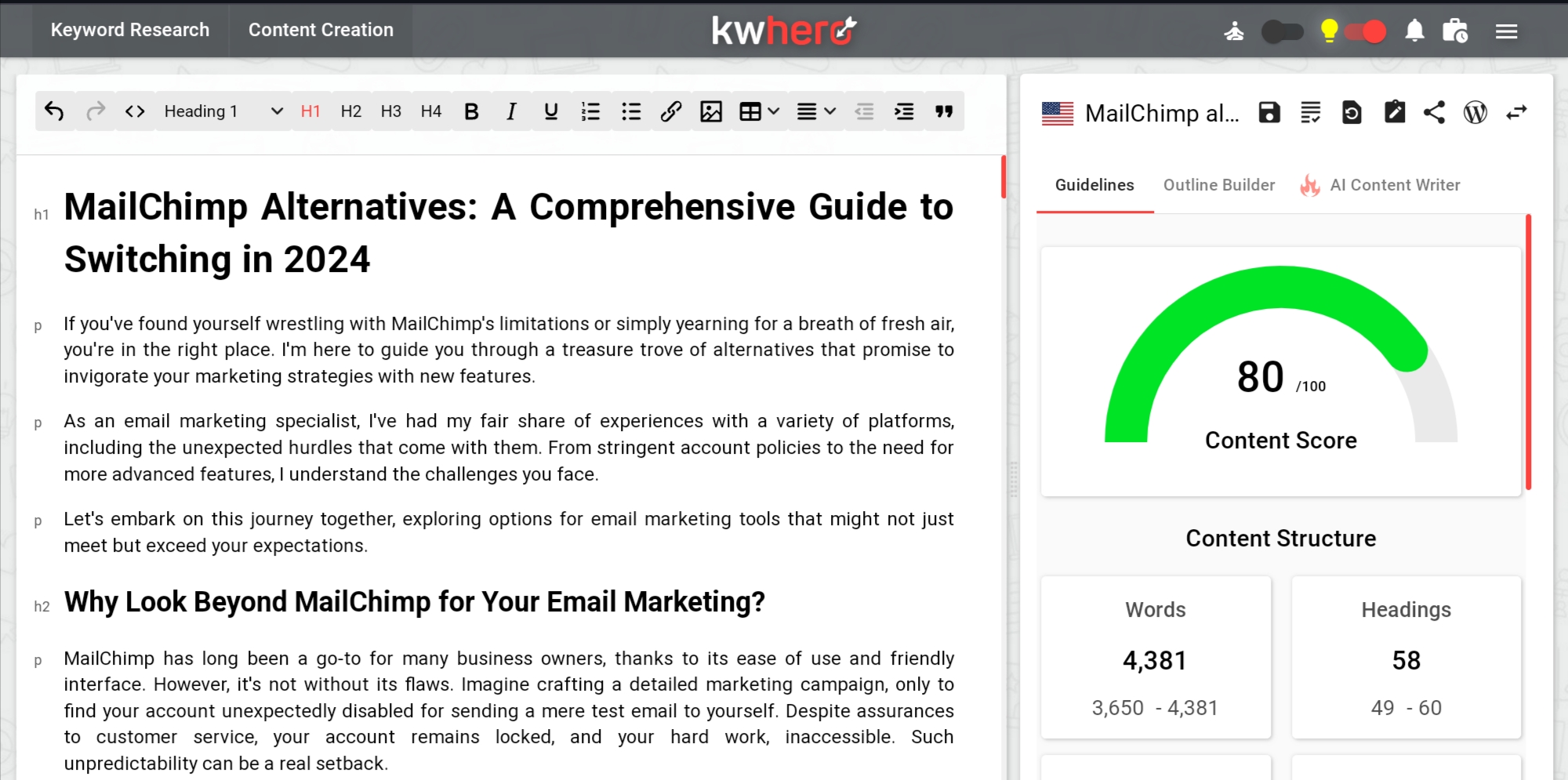 A screenshot of a content sample from KWHero's AI content writer. Article is about alternatives to MailChimp