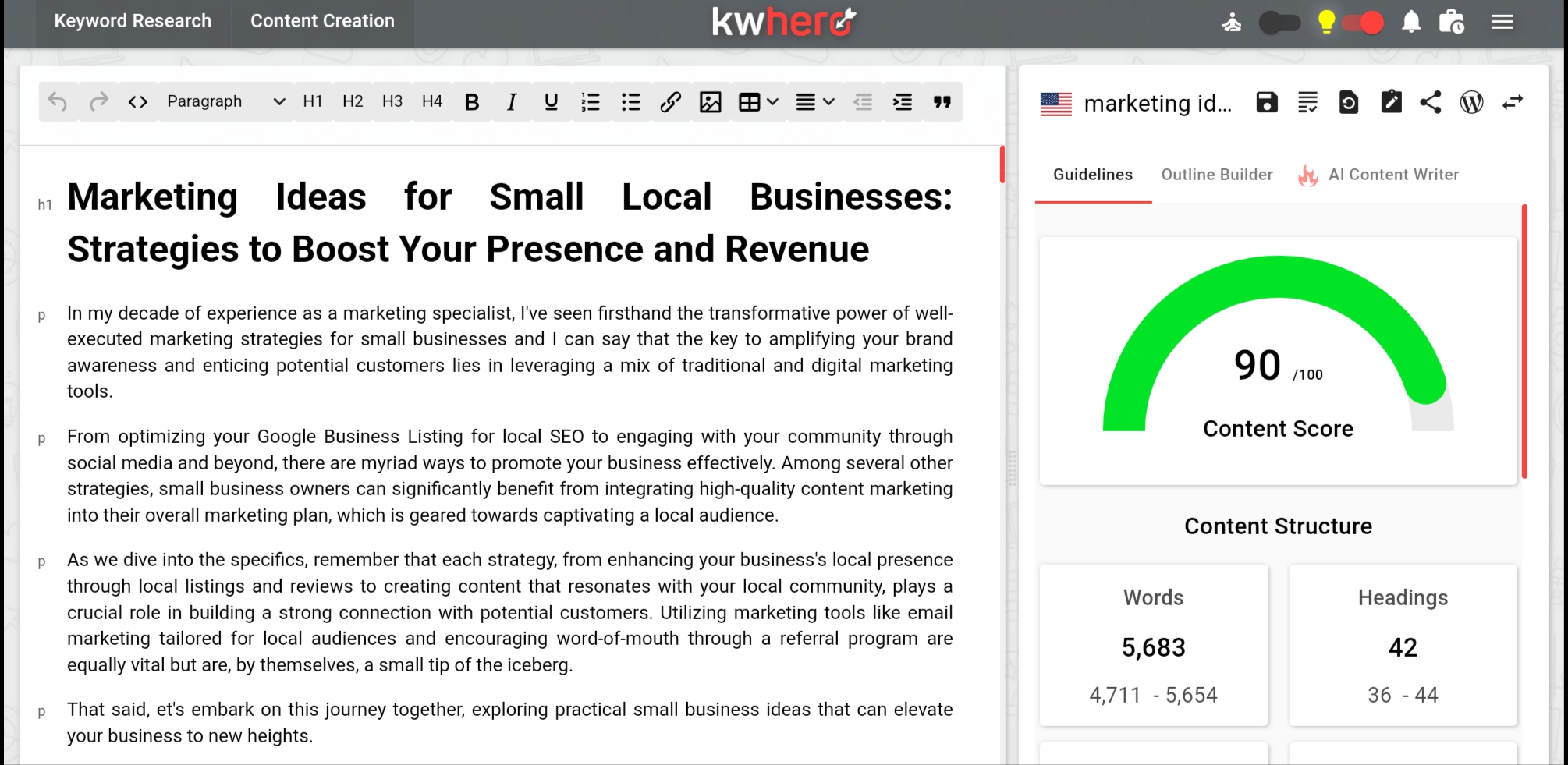 A screenshot of a content sample from KWHero's AI content writer. Article is about marketing ideas for small local businesses.