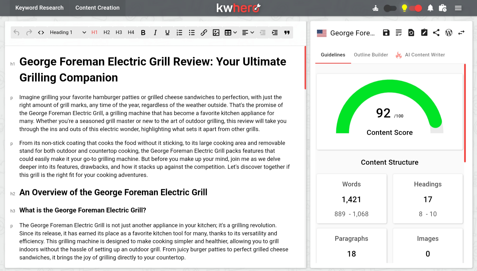 A screenshot of a content sample from KWHero's AI content writer. The article is a review of the George Foreman Electric Grill